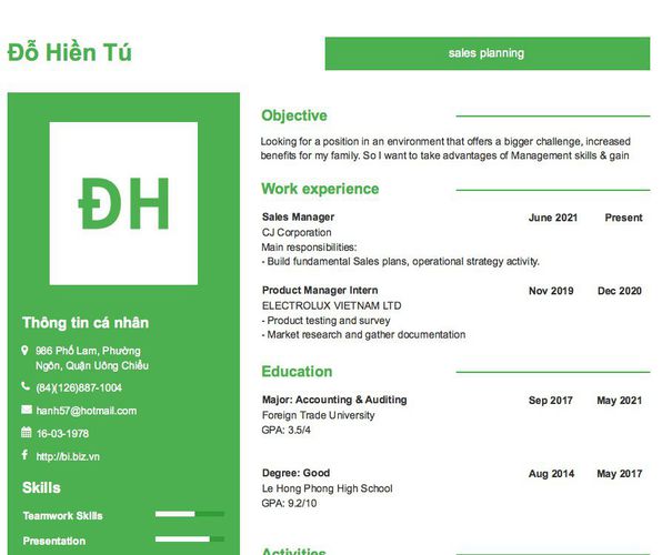 Mẫu CV sales planning