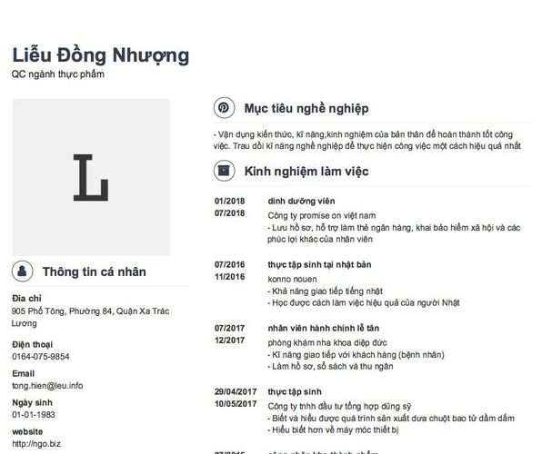 Mẫu CV QC ngành thực phẩm