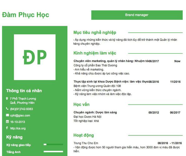 Mẫu CV Brand manager