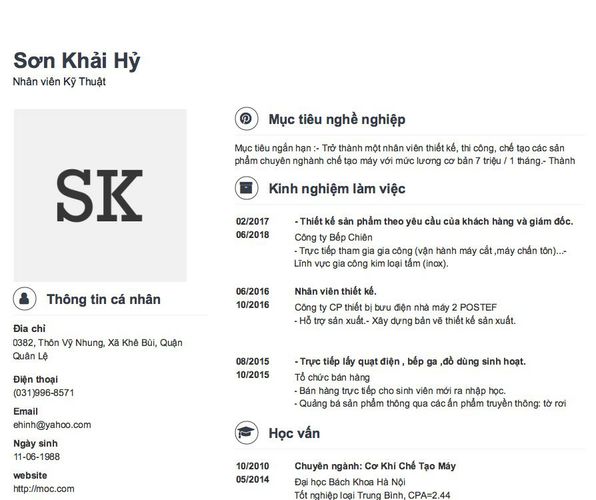 Mẫu CV Nhân viên Kỹ Thuật