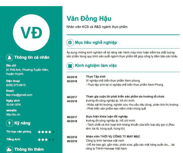 Mẫu CV Nhân viên KCS và R&D ngành thực phẩm