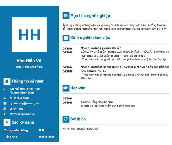 Mẫu CV Vị trí  Nhân viên Lễ tân