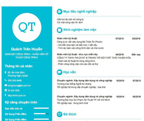 Mẫu CV GIÁM SÁT CÔNG TRÌNH - NHÂN VIÊN KỸ THUẬT CÔNG TRÌNH