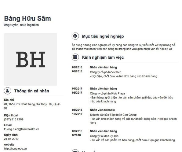 Mẫu CV ứng tuyển  sale logistics