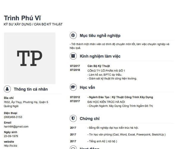 Mẫu CV KỸ SƯ XÂY DỰNG / CÁN BỘ KỸ THUẬT