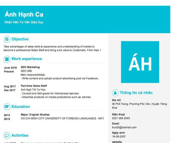 Mẫu CV Nhân Viên Tư Vấn Giáo Dục