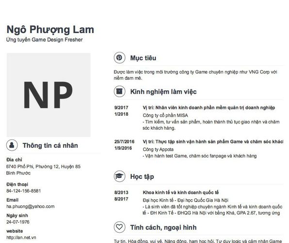 Mẫu CV Ứng tuyển Game Design Fresher