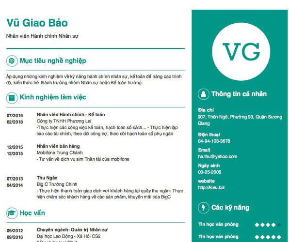 Mẫu CV Nhân viên Hành chính Nhân sự