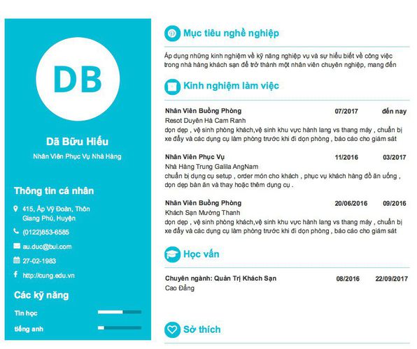 Mẫu CV Nhân Viên Phục Vụ Nhà Hàng