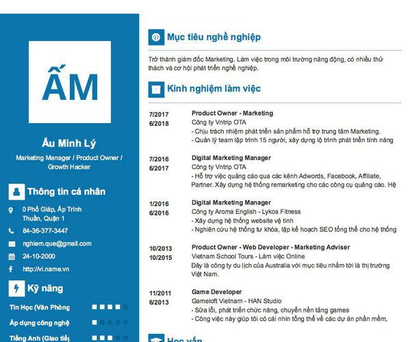 Mẫu CV Marketing Manager / Product Owner / Growth Hacker