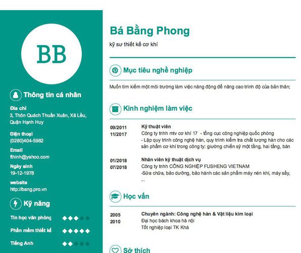 Mẫu CV kỹ sư thiết kế cơ khí