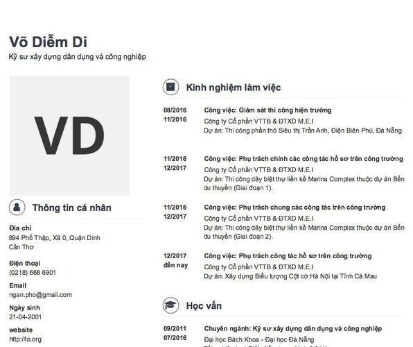 Mẫu CV Kỹ sư xây dựng dân dụng và công nghiệp