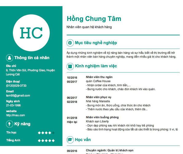 Mẫu CV Nhân viên quan hệ khách hàng