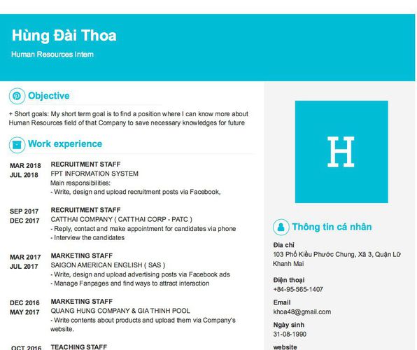 Mẫu CV Human Resources Intern