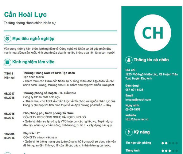 Mẫu CV Trưởng phòng Hành chính Nhân sự