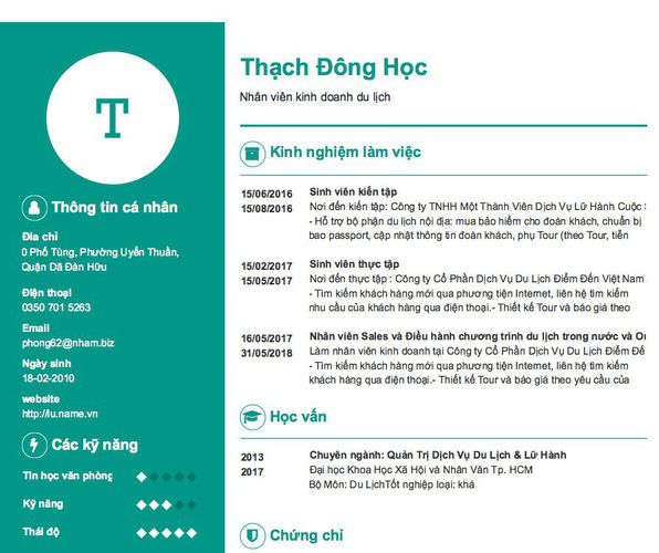 Mẫu CV Nhân viên kinh doanh du lịch