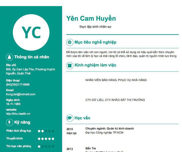 Mẫu CV                thực tập sinh nhân sự           