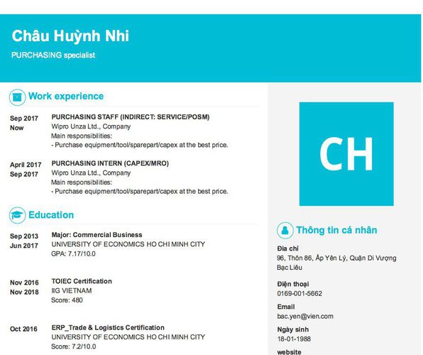 Mẫu CV PURCHASING specialist