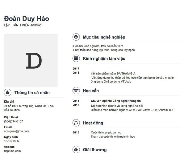 Mẫu CV LẬP TRÌNH VIÊN android