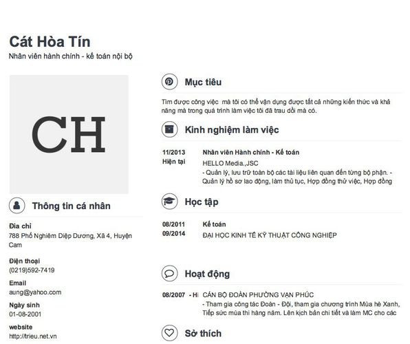 Mẫu CV Nhân viên hành chính - kế toán nội bộ