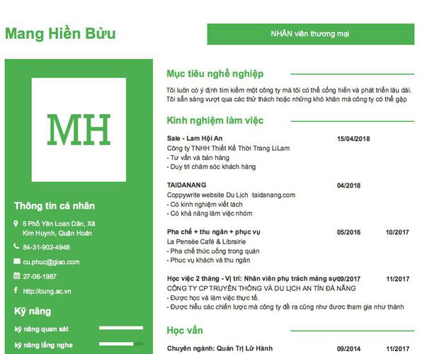 Mẫu CV NHÂN viên thương mại