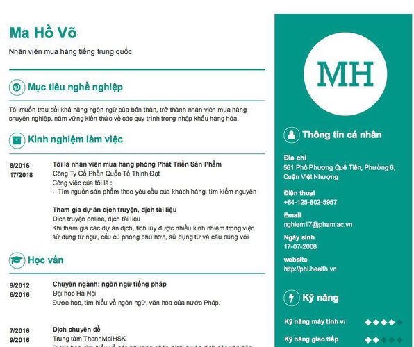 Mẫu CV Nhân viên mua hàng tiếng trung quốc