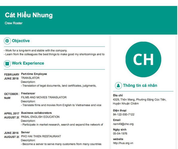 Mẫu CV Crew Roster