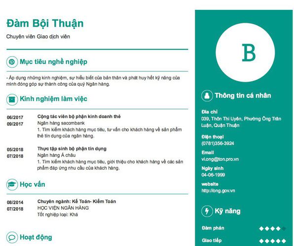 Mẫu CV Chuyên viên Giao dịch viên