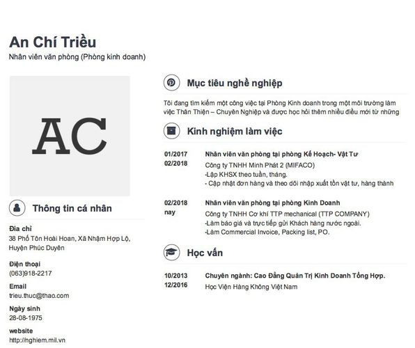 Mẫu CV Nhân viên văn phòng (Phòng kinh doanh)
