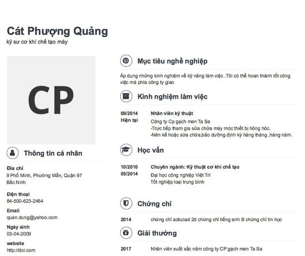 Mẫu CV kỹ sư cơ khí chế tạo máy