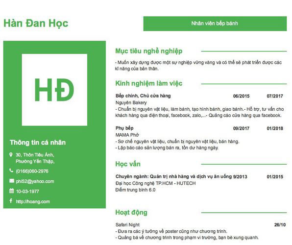 Mẫu CV Nhân viên bếp bánh