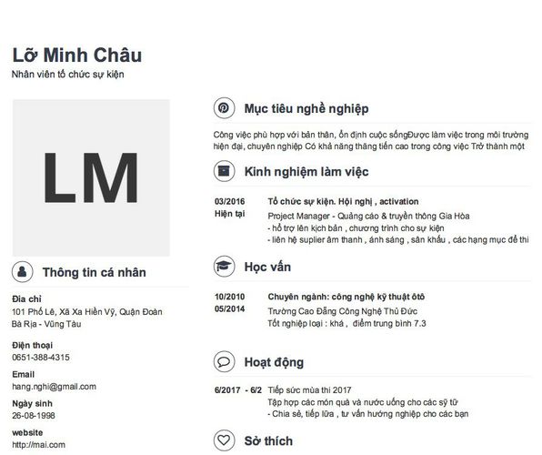 Mẫu CV Nhân viên tổ chức sự kiện