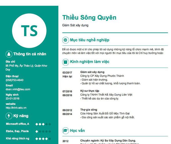 Mẫu CV Giám Sát xây dựng