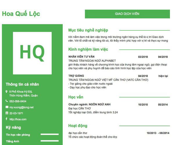 Mẫu CV GIAO DỊCH VIÊN