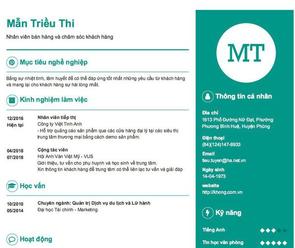 Mẫu CV Nhân viên bán hàng và chăm sóc khách hàng