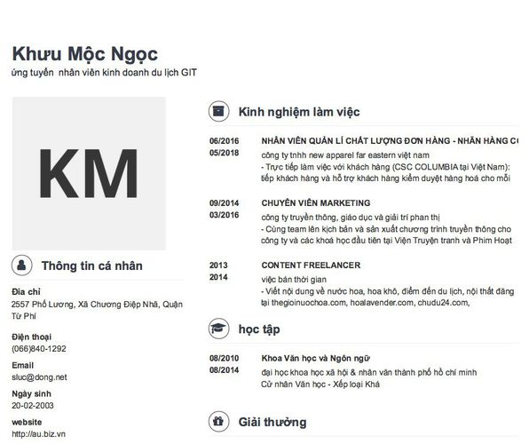 Mẫu CV ứng tuyển  nhân viên kinh doanh du lịch GIT