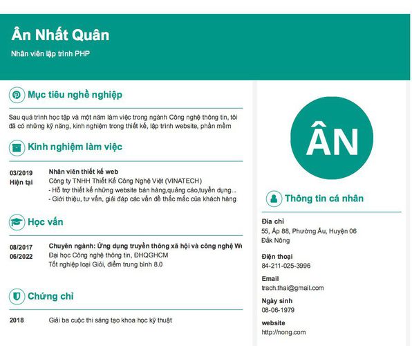 Mẫu CV Nhân viên lập trình PHP