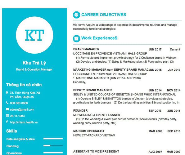 Mẫu CV Brand & Operation Manager