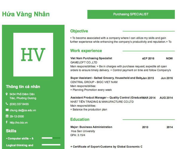 Mẫu CV Purchasing SPECIALIST