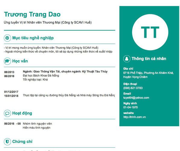 Gợi ý cách viết Mẫu CV tham khảo Ứng tuyển Vị trí Nhân viên Thương Mại (Công ty SCAVI Huế)