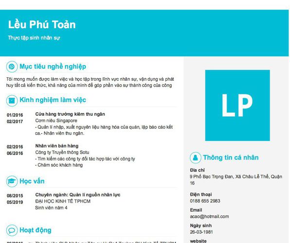 Mẫu CV Thực tập sinh nhân sự