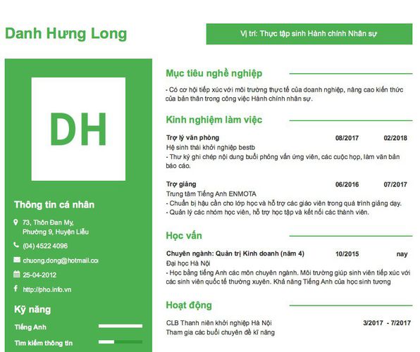 Mẫu CV Vị trí: Thực tập sinh Hành chính Nhân sự