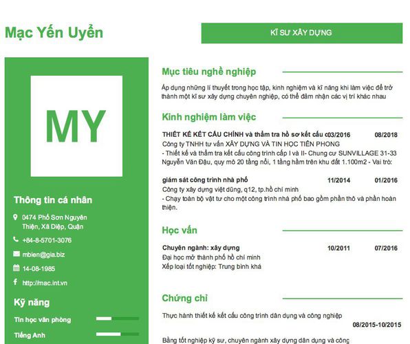 Gợi ý cách viết Mẫu CV tham khảo KĨ SƯ XÂY DỰNG