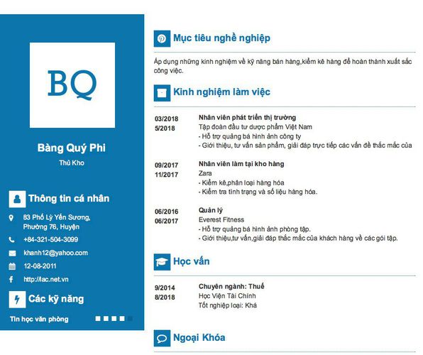 Mẫu CV Thủ Kho