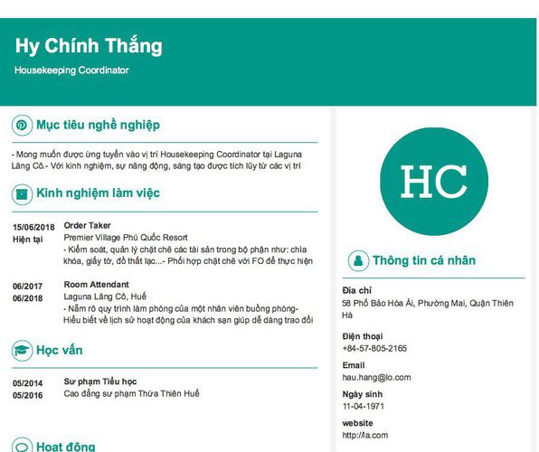 Mẫu CV Housekeeping Coordinator