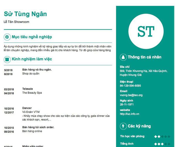 Mẫu CV Lễ Tân Showroom