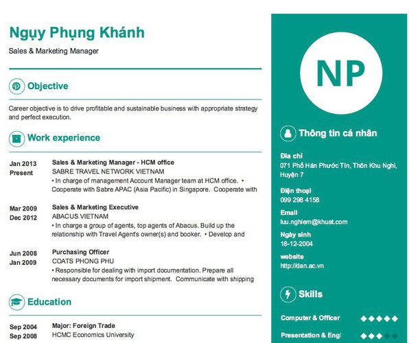 Mẫu CV Sales & Marketing Manager