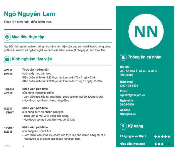 Mẫu CV Thực tập sinh sale, điều hành tour.