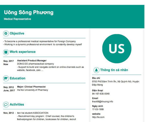 Mẫu CV Medical Representative