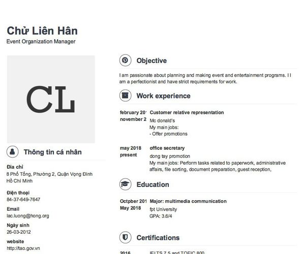 Mẫu CV Event Organization Manager